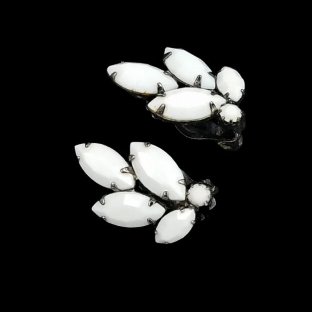 Faceted Milk Glass Domed Brooch Earring Set